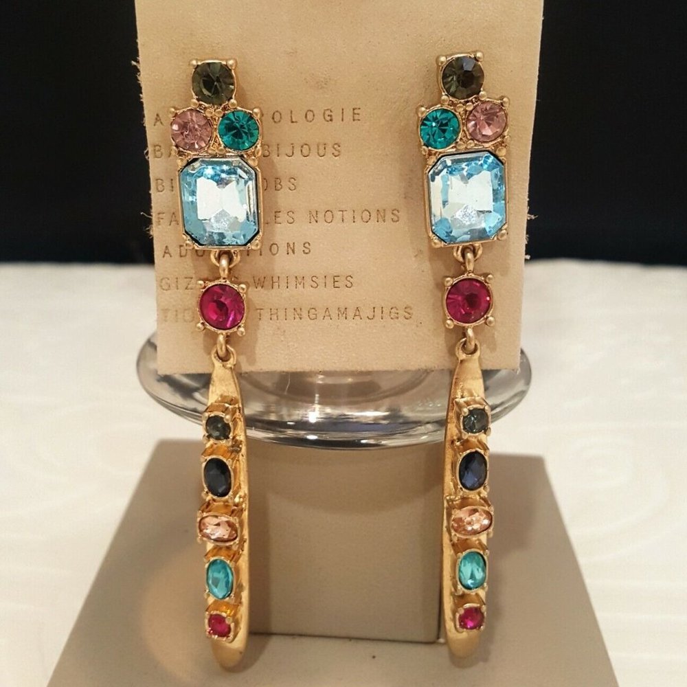 ANTHROPOLOGIE NWT JEWEL GOLD TONE MULTI COLOR CRYSTALS LONG EARRINGS